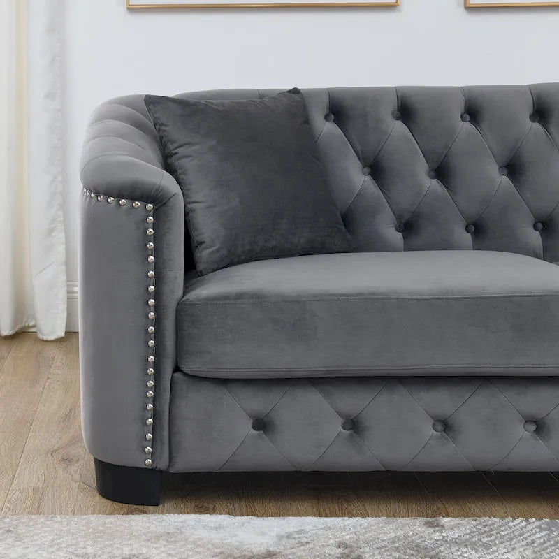 Canapé Chesterfield en velours beige / gris / noir avec capitonnage et garniture cloutée, 3 places
