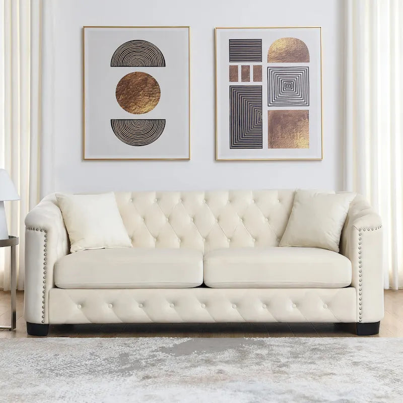 Canapé Chesterfield en velours beige / gris / noir avec capitonnage et garniture cloutée, 3 places