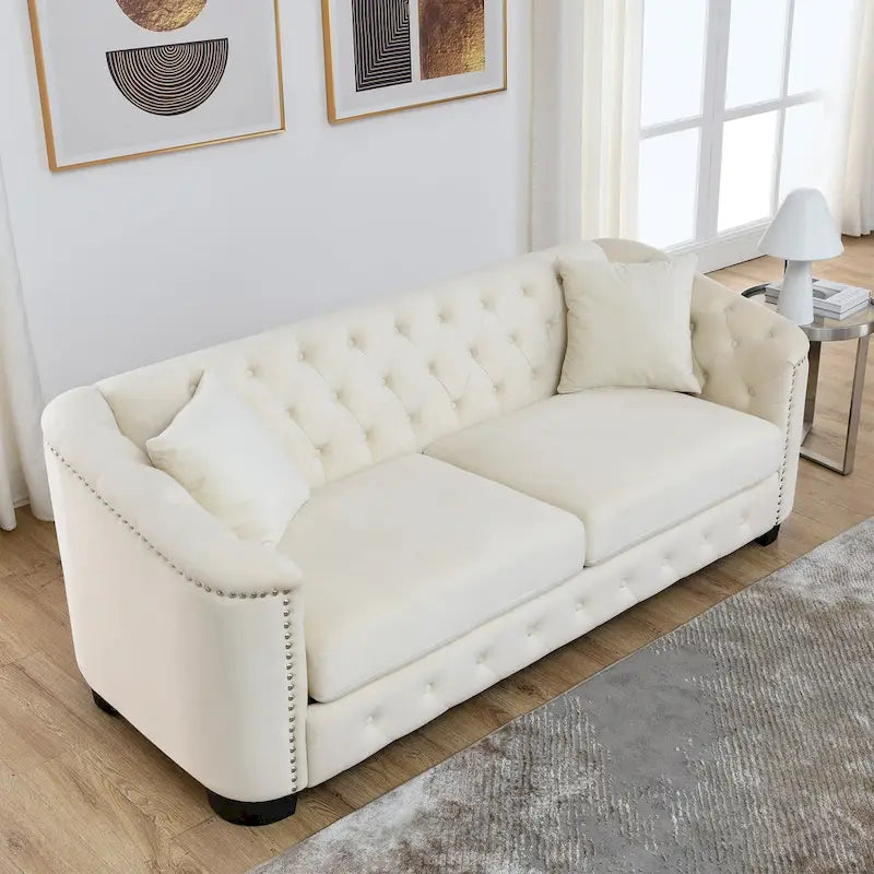 Canapé Chesterfield en velours beige / gris / noir avec capitonnage et garniture cloutée, 3 places