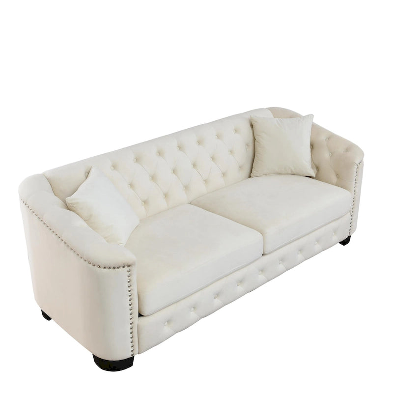 Canapé Chesterfield en velours beige / gris / noir avec capitonnage et garniture cloutée, 3 places