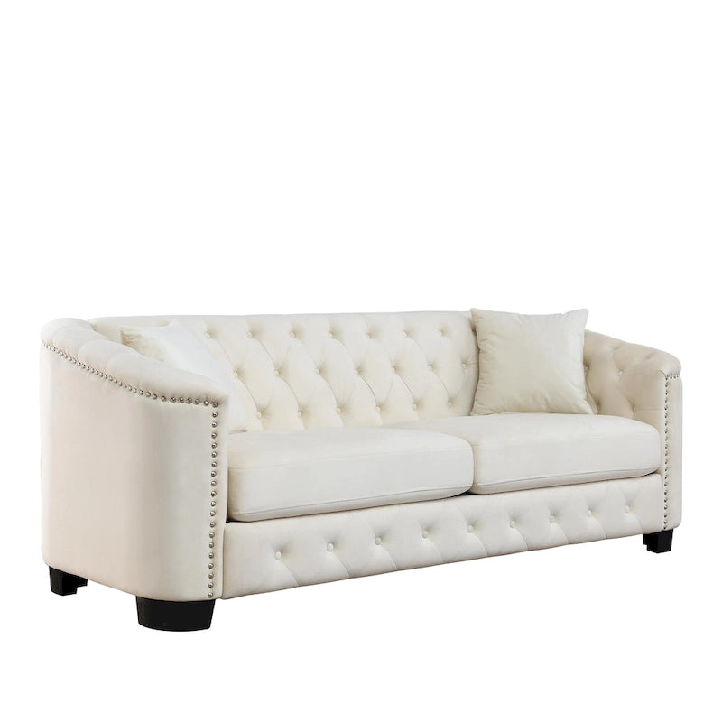 Canapé Chesterfield en velours beige / gris / noir avec capitonnage et garniture cloutée, 3 places