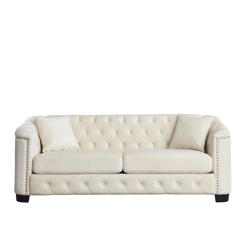 Canapé Chesterfield en velours beige / gris / noir avec capitonnage et garniture cloutée, 3 places