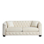 Canapé Chesterfield en velours beige / gris / noir avec capitonnage et garniture cloutée, 3 places