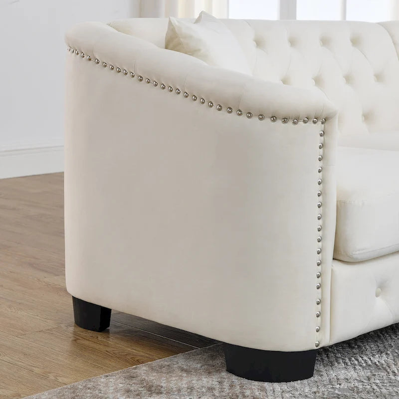 Canapé Chesterfield en velours beige / gris / noir avec capitonnage et garniture cloutée, 3 places