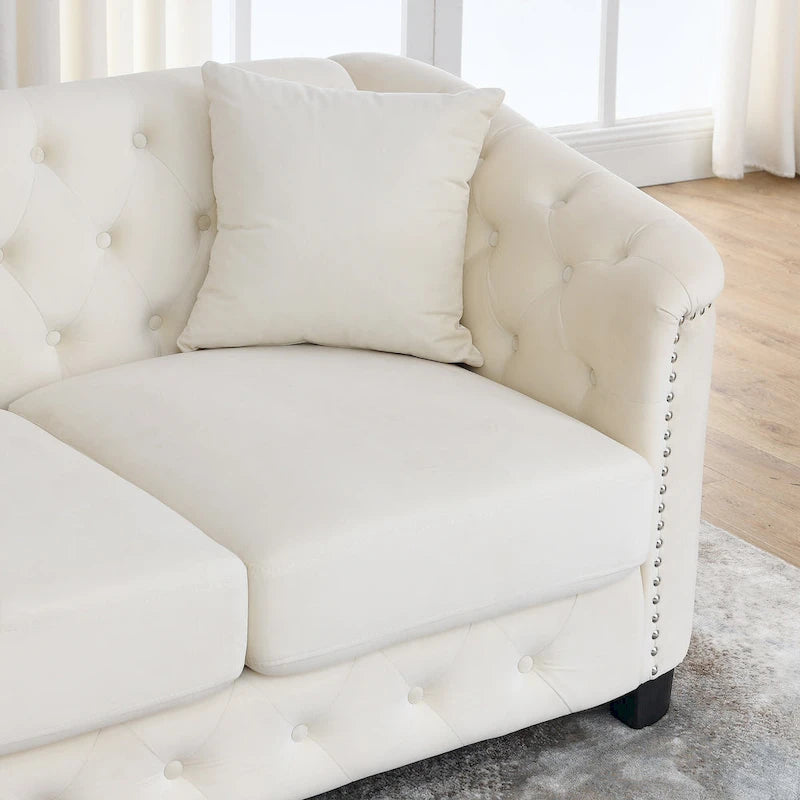 Canapé Chesterfield en velours beige / gris / noir avec capitonnage et garniture cloutée, 3 places