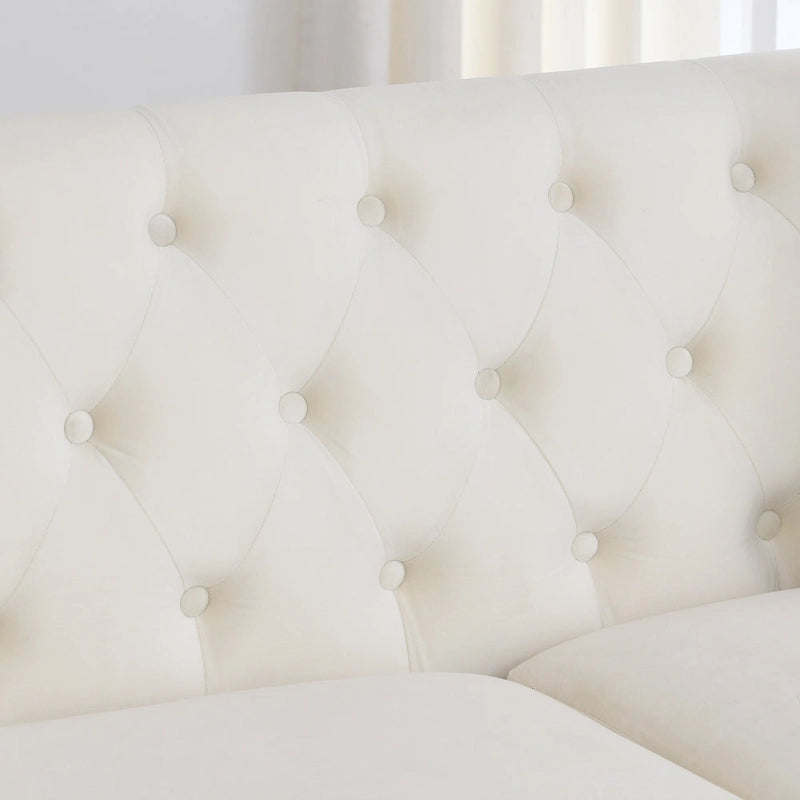 Canapé Chesterfield en velours beige / gris / noir avec capitonnage et garniture cloutée, 3 places