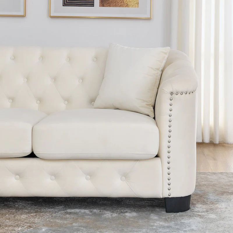 Canapé Chesterfield en velours beige / gris / noir avec capitonnage et garniture cloutée, 3 places
