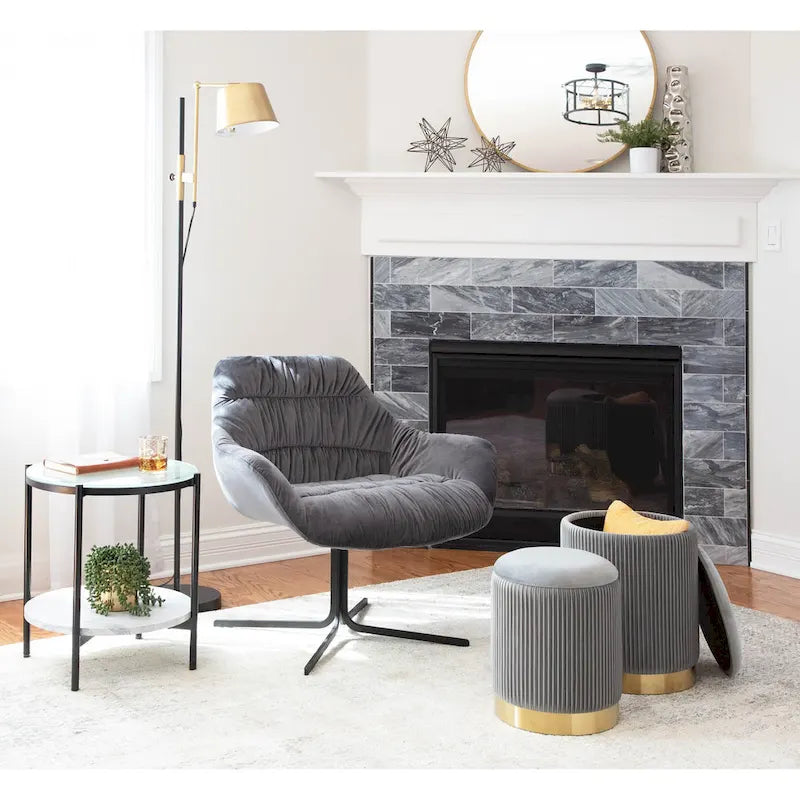 Fauteuil lounge pivotant à 360 degrés en velours tufté gris/chartreuse avec piètement en métal noir, 1 place