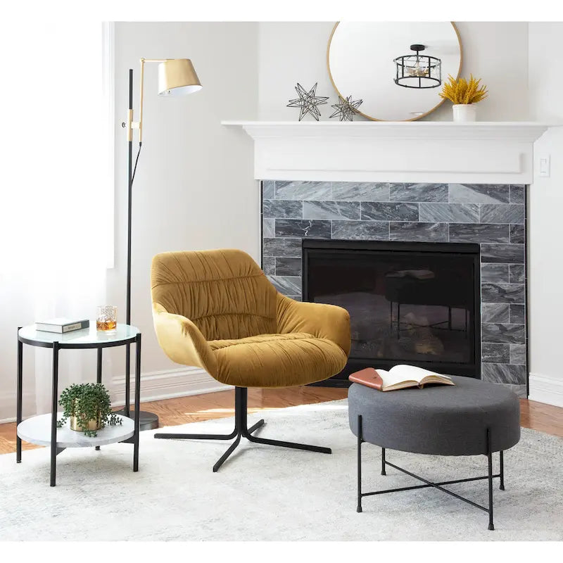 Fauteuil lounge pivotant à 360 degrés en velours tufté gris/chartreuse avec piètement en métal noir, 1 place