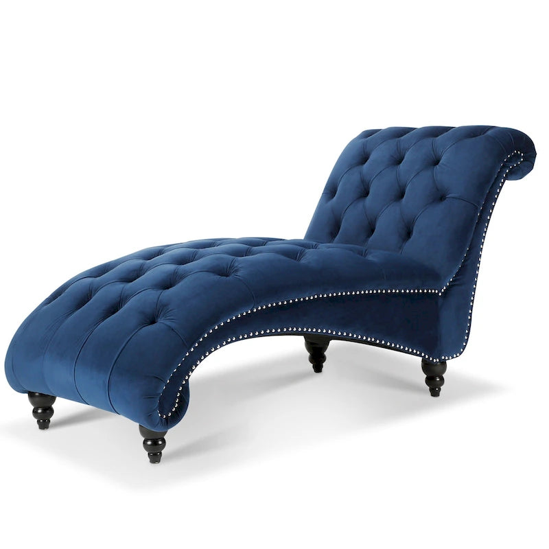 Méridienne capitonnée en velours bleu avec pieds en bouleau en forme de gourde, 1 place