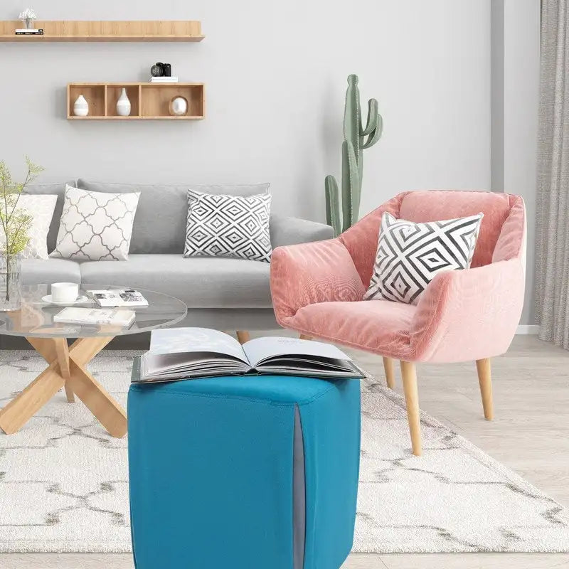 Repose-pieds/pouf rond en velours bleu / bleu clair / gris foncé / gris clair, pour 1 personne