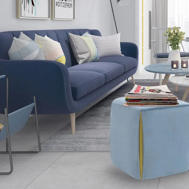 Repose-pieds/pouf rond en velours bleu / bleu clair / gris foncé / gris clair, pour 1 personne