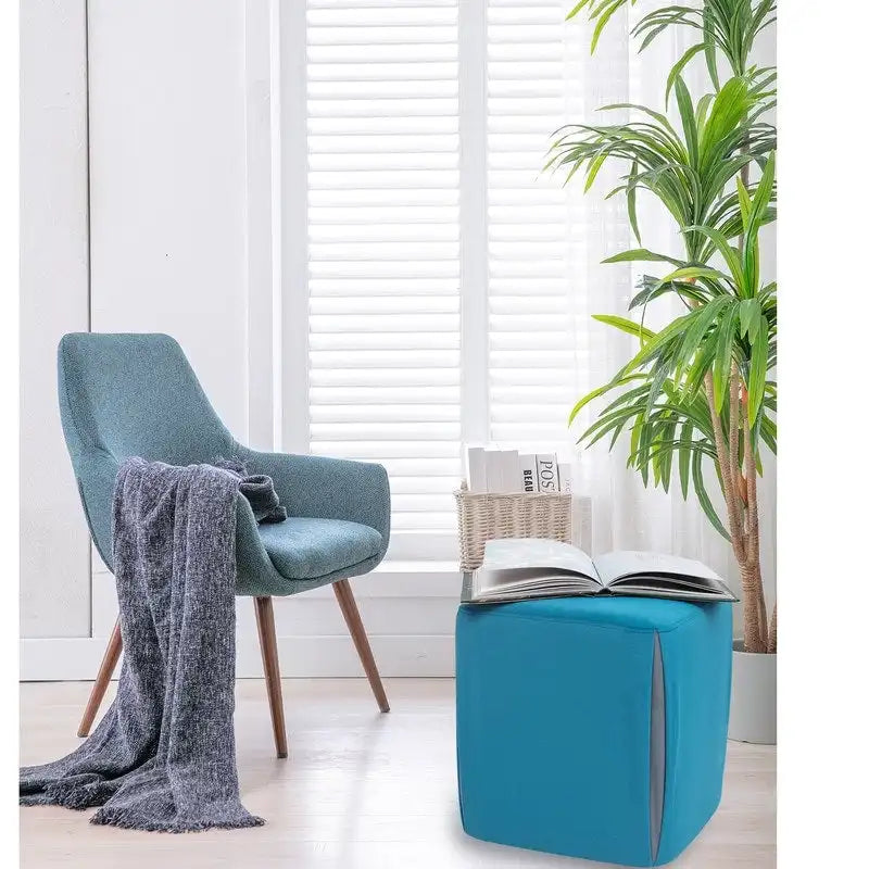 Repose-pieds/pouf rond en velours bleu / bleu clair / gris foncé / gris clair, pour 1 personne