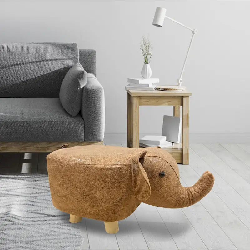 Repose-pieds ottoman en velours marron en forme d'animal avec pieds en bois, 1 place