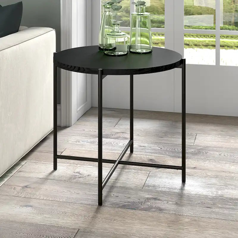 Table d'appoint ronde en bronze noirci avec plateau en MDF, assemblage par 1 personne