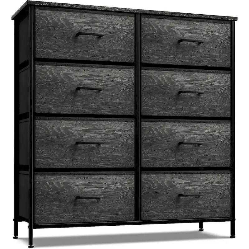Commode à 8 tiroirs en tissu gris bois avec cadre en acier et tiroirs pliables, assemblage par 1 personne
