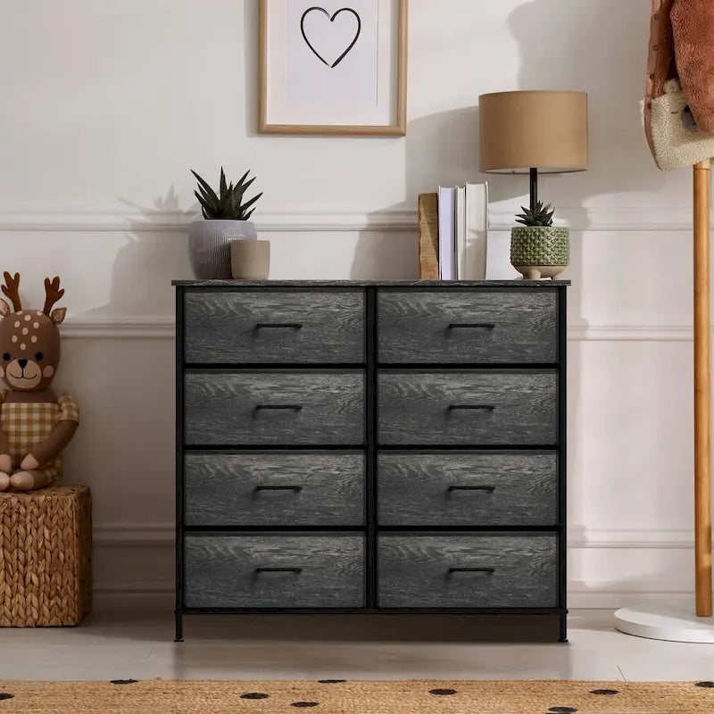 Commode à 8 tiroirs en tissu gris bois avec cadre en acier et tiroirs pliables, assemblage par 1 personne