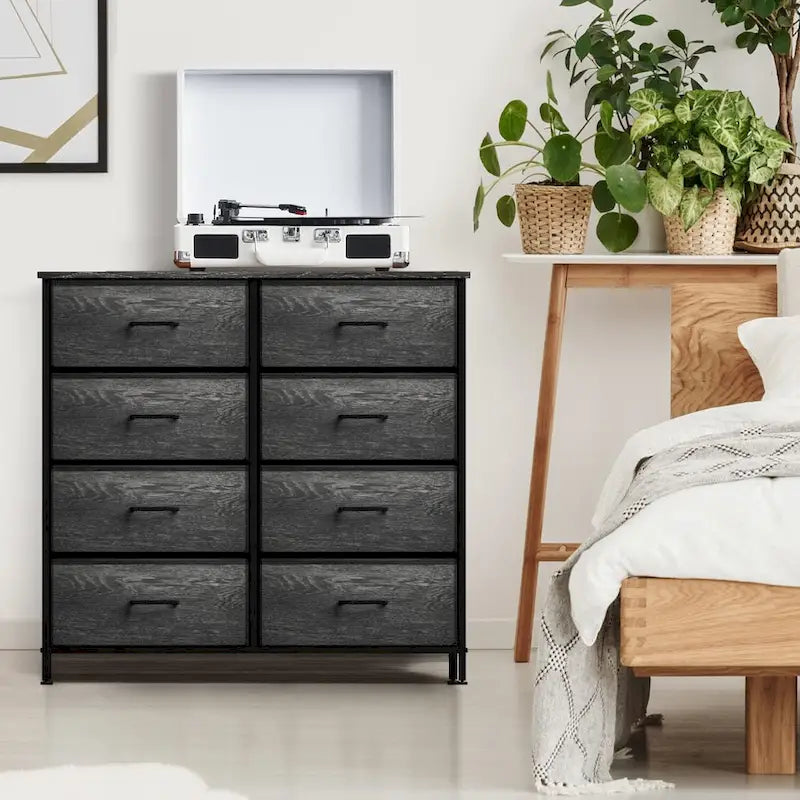 Commode à 8 tiroirs en tissu gris bois avec cadre en acier et tiroirs pliables, assemblage par 1 personne