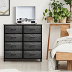 Commode à 8 tiroirs en tissu gris bois avec cadre en acier et tiroirs pliables, assemblage par 1 personne