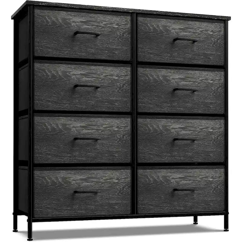 Commode à 8 tiroirs en tissu gris bois avec cadre en acier et tiroirs pliables, assemblage par 1 personne