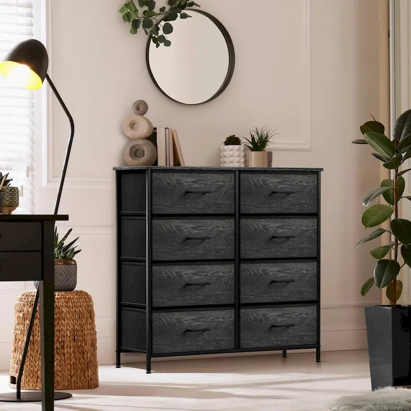 Commode à 8 tiroirs en tissu gris bois avec cadre en acier et tiroirs pliables, assemblage par 1 personne