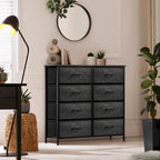 Commode à 8 tiroirs en tissu gris bois avec cadre en acier et tiroirs pliables, assemblage par 1 personne