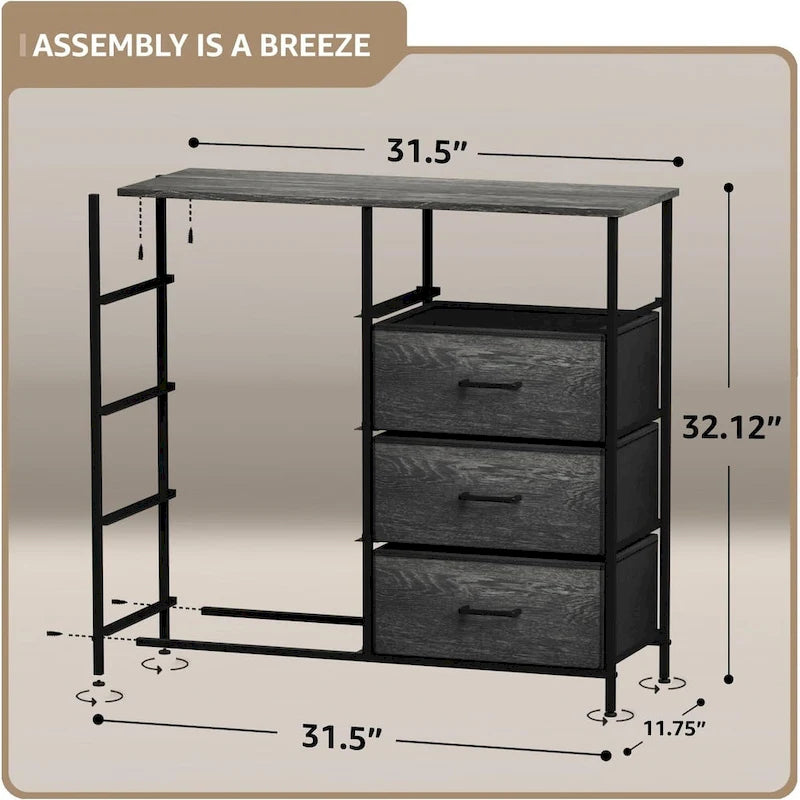 Commode à 8 tiroirs en tissu gris bois avec cadre en acier et tiroirs pliables, assemblage par 1 personne