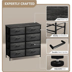 Commode à 8 tiroirs en tissu gris bois avec cadre en acier et tiroirs pliables, assemblage par 1 personne