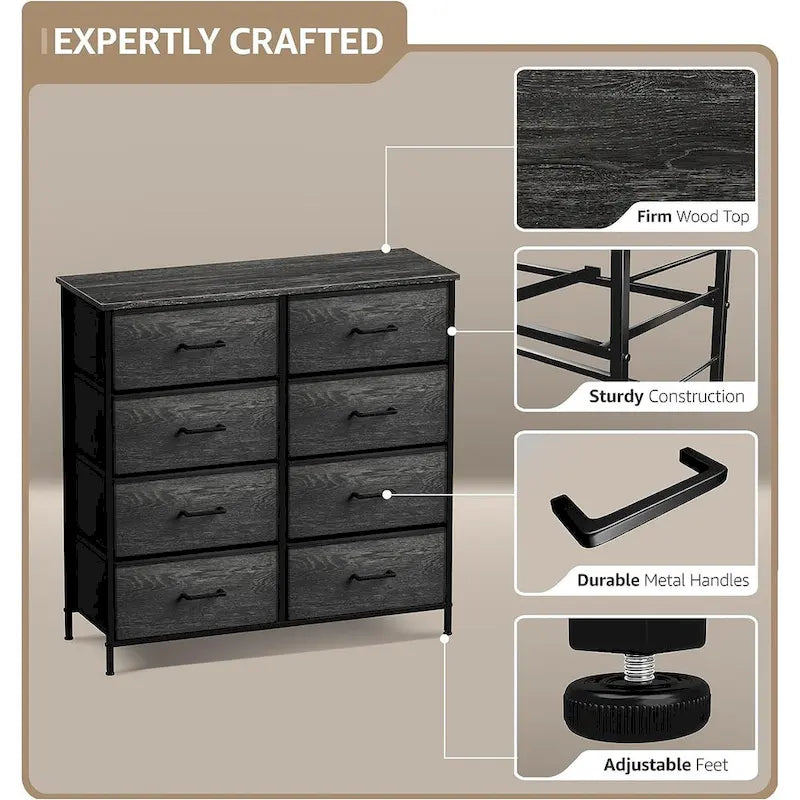 Commode à 8 tiroirs en tissu gris bois avec cadre en acier et tiroirs pliables, assemblage par 1 personne