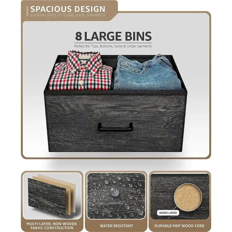 Commode à 8 tiroirs en tissu gris bois avec cadre en acier et tiroirs pliables, assemblage par 1 personne