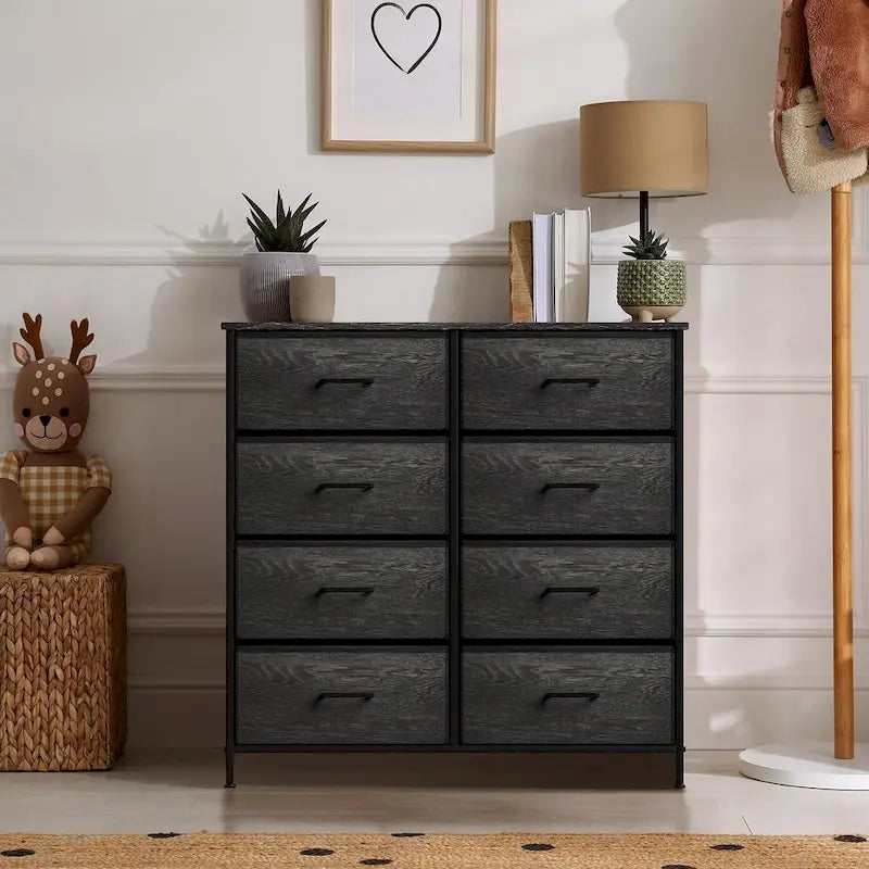 Commode à 8 tiroirs en tissu gris bois avec cadre en acier et tiroirs pliables, assemblage par 1 personne