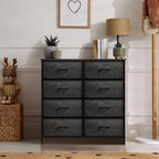 Commode à 8 tiroirs en tissu gris bois avec cadre en acier et tiroirs pliables, assemblage par 1 personne