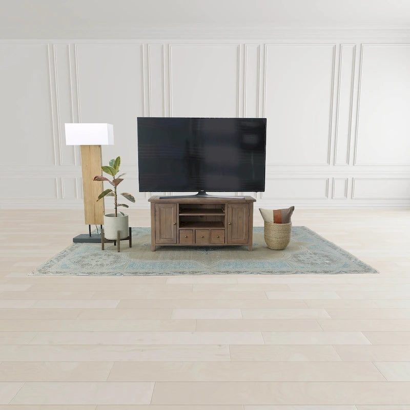 Meuble TV brun clair de 119 cm avec étagères ouvertes et gestion des câbles, assemblage par 1 personne