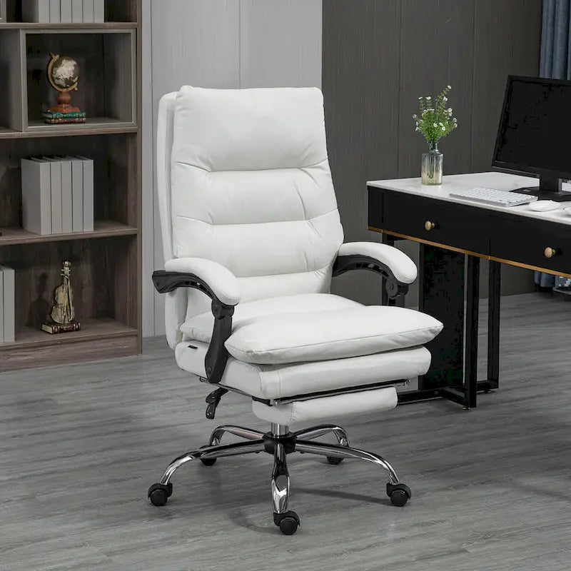 Fauteuil de bureau massant inclinable en microfibre blanc crème avec chauffage et repose-pieds, 1 place