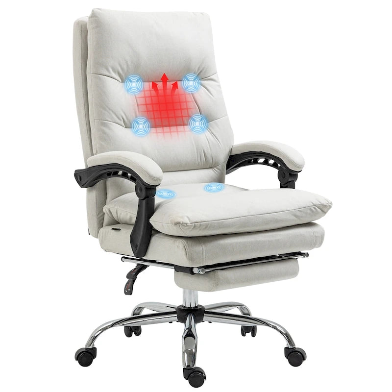 Fauteuil de bureau massant inclinable en microfibre blanc crème avec chauffage et repose-pieds, 1 place
