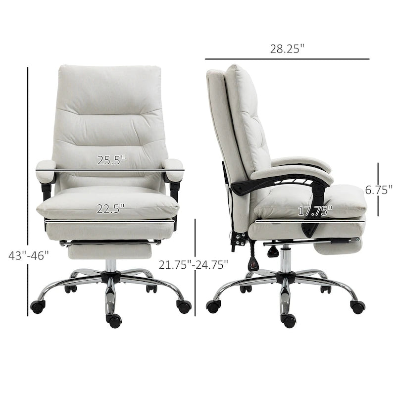 Fauteuil de bureau massant inclinable en microfibre blanc crème avec chauffage et repose-pieds, 1 place