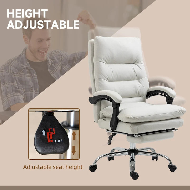 Fauteuil de bureau massant inclinable en microfibre blanc crème avec chauffage et repose-pieds, 1 place