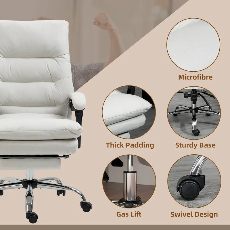 Fauteuil de bureau massant inclinable en microfibre blanc crème avec chauffage et repose-pieds, 1 place