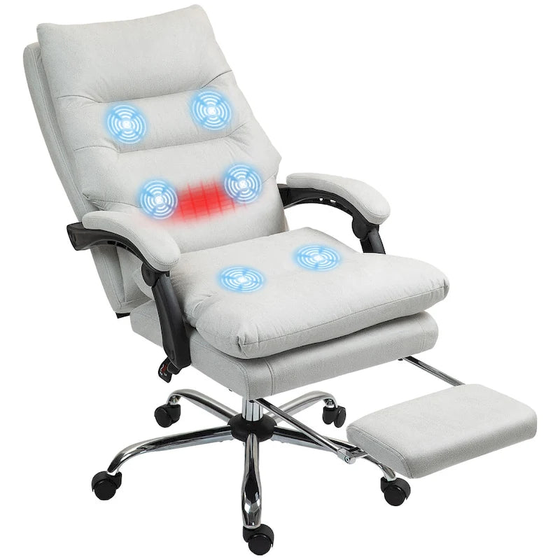 Fauteuil de bureau massant inclinable en microfibre blanc crème avec chauffage et repose-pieds, 1 place