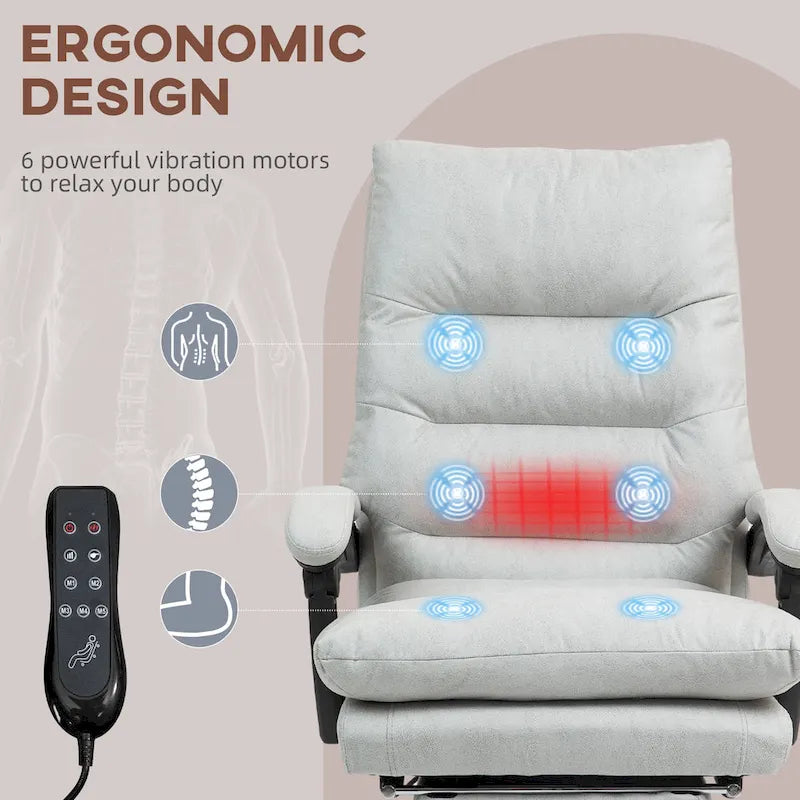 Fauteuil de bureau massant inclinable en microfibre blanc crème avec chauffage et repose-pieds, 1 place