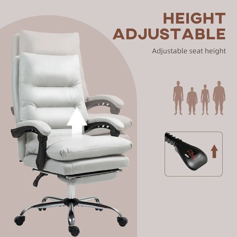 Fauteuil de bureau massant inclinable en microfibre blanc crème avec chauffage et repose-pieds, 1 place