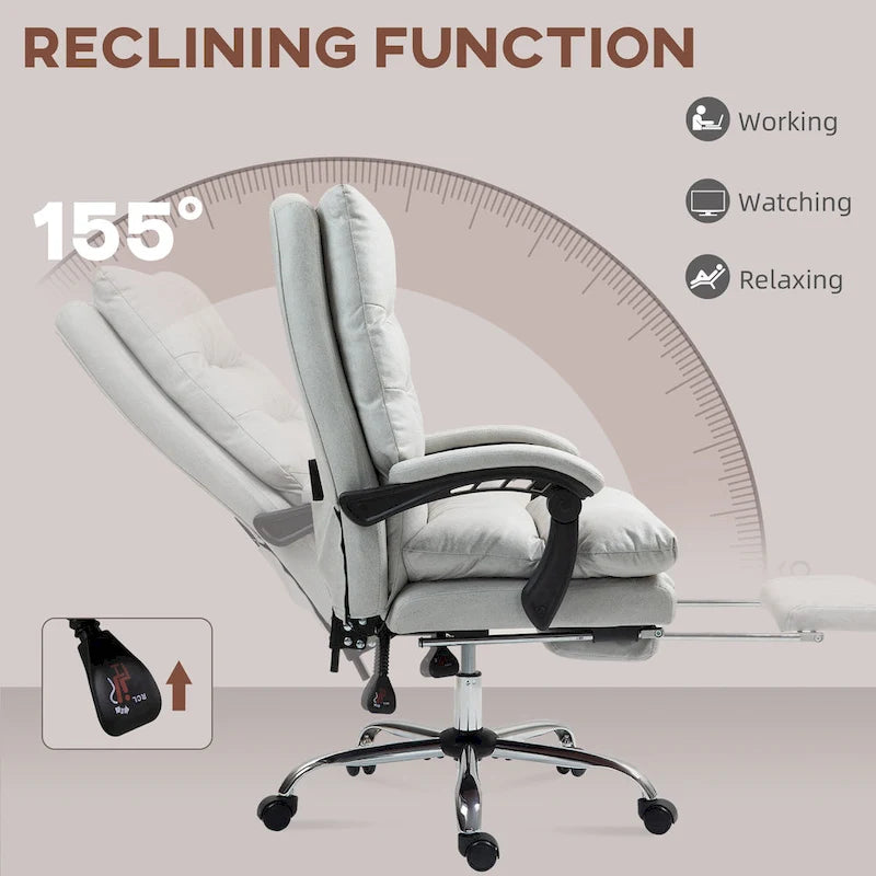 Fauteuil de bureau massant inclinable en microfibre blanc crème avec chauffage et repose-pieds, 1 place