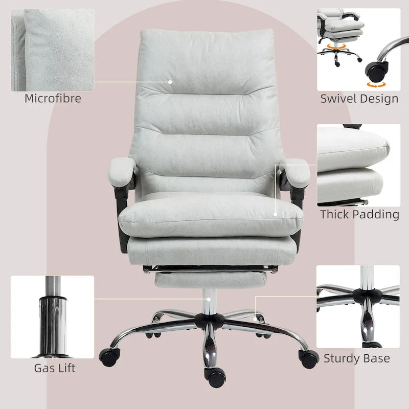 Fauteuil de bureau massant inclinable en microfibre blanc crème avec chauffage et repose-pieds, 1 place