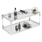 Table basse rectangulaire en verre à 2 niveaux argentée avec cadre chromé, montage par 1 personne