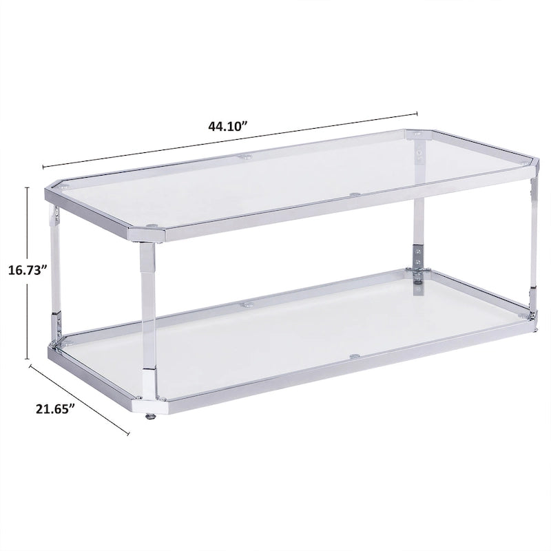 Table basse rectangulaire en verre à 2 niveaux argentée avec cadre chromé, montage par 1 personne