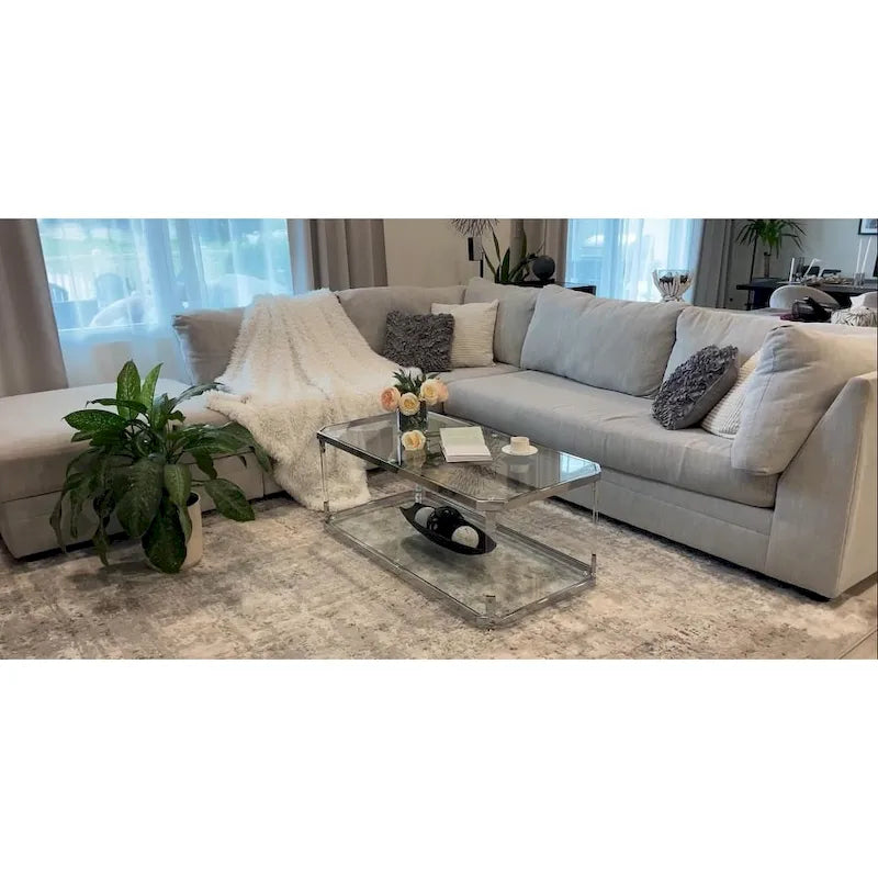 Table basse rectangulaire en verre à 2 niveaux argentée avec cadre chromé, montage par 1 personne