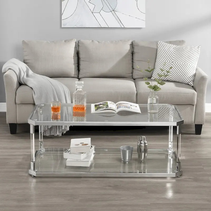 Table basse rectangulaire en verre à 2 niveaux argentée avec cadre chromé, montage par 1 personne