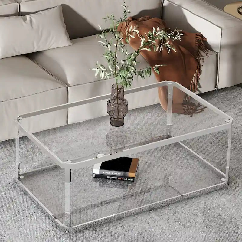 Table basse rectangulaire en verre à 2 niveaux argentée avec cadre chromé, montage par 1 personne