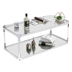 Table basse rectangulaire en verre à 2 niveaux argentée avec cadre chromé, montage par 1 personne
