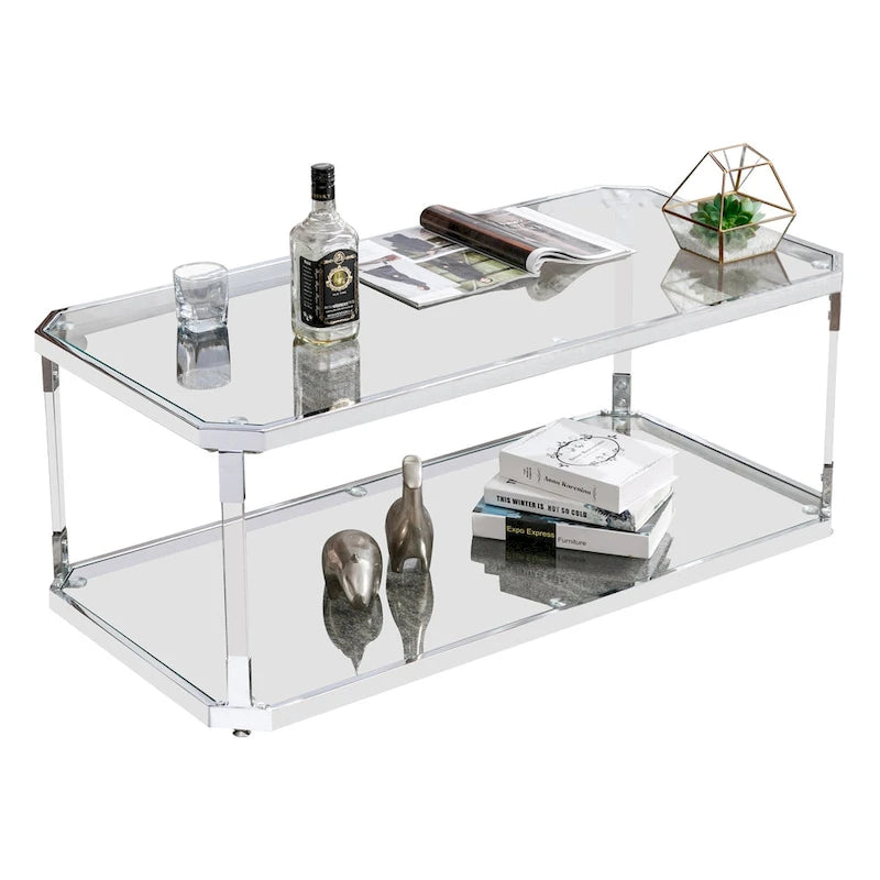 Table basse rectangulaire en verre à 2 niveaux argentée avec cadre chromé, montage par 1 personne